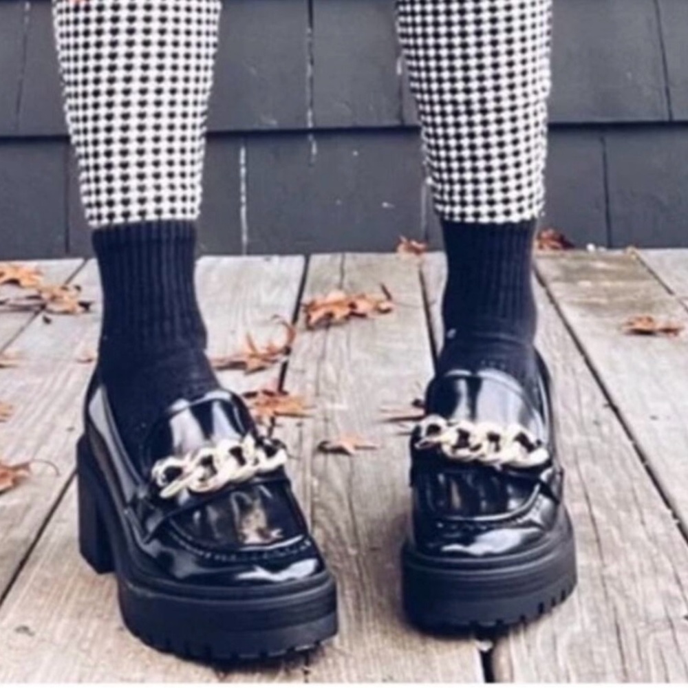 Guess Black Patent Loafers with Gold Chain Accent